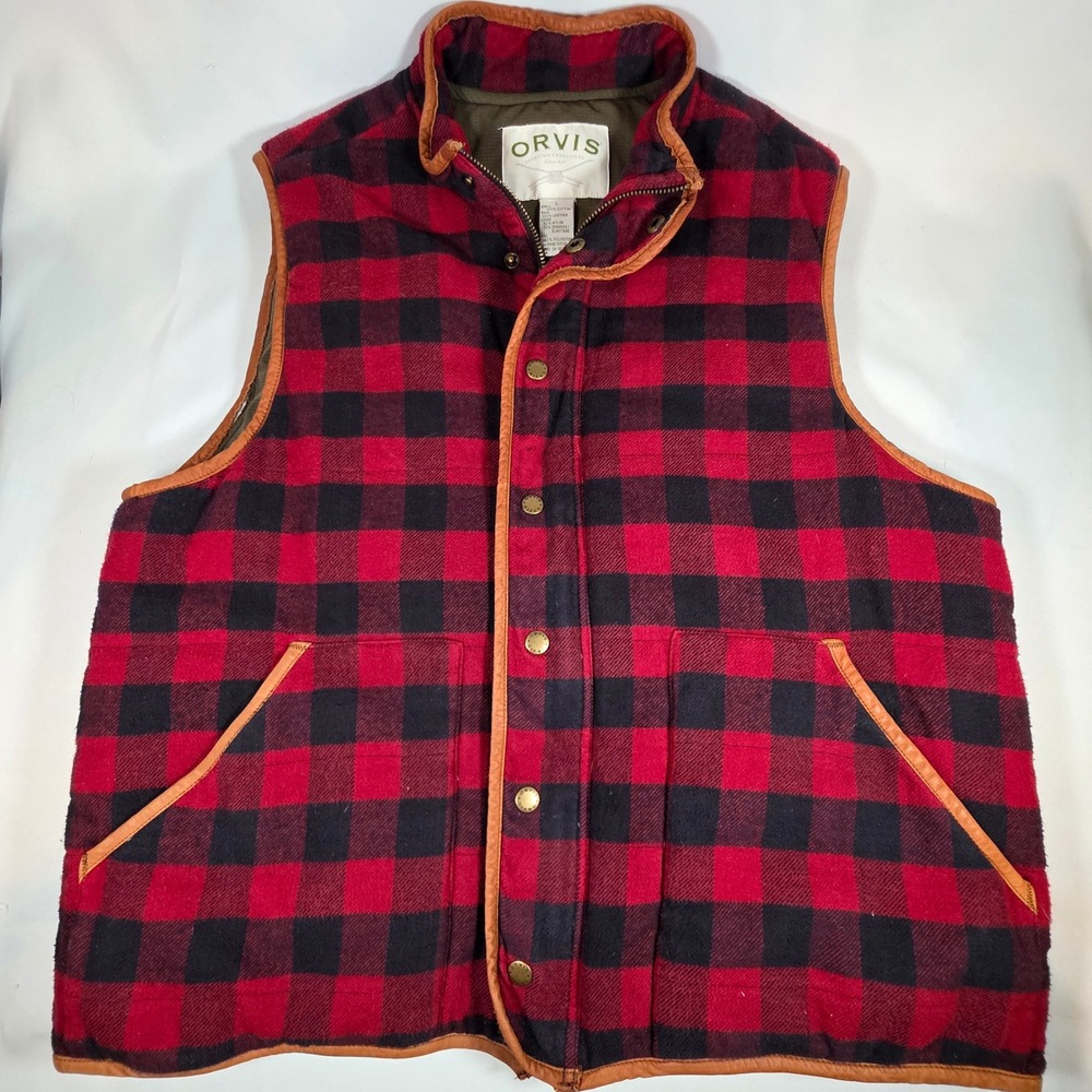 ORVIS Vintage Sporting Traditions Mens L Buffalo Plaid Vest Leather Trim